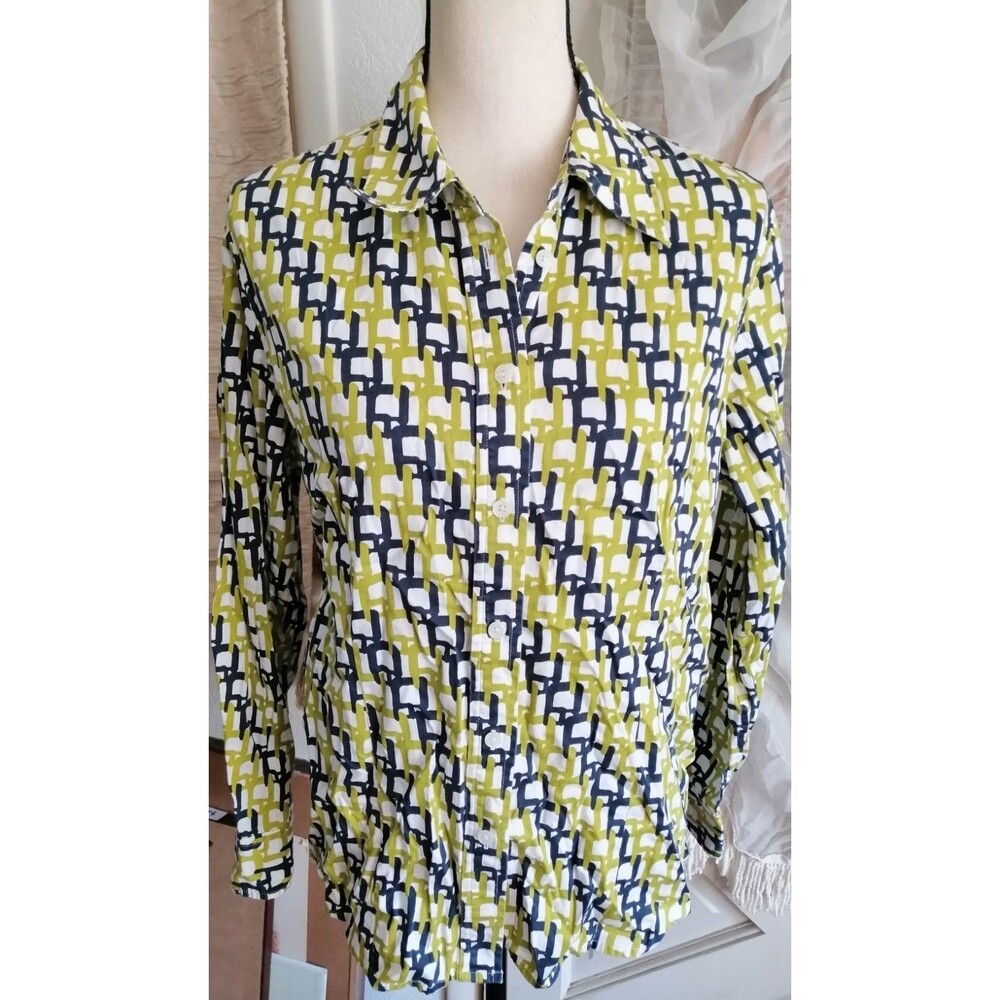 Jones New York Womens XL Cotton Blouse Shirt Navy Green White Geometry Comfy